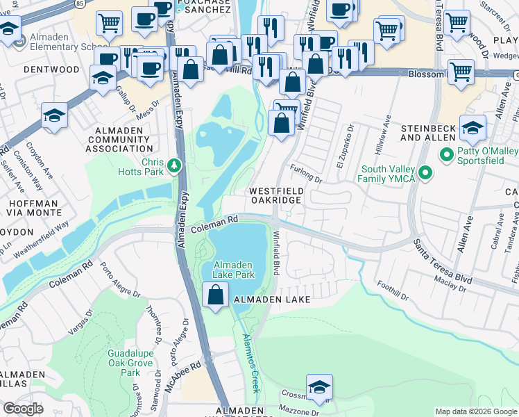 map of restaurants, bars, coffee shops, grocery stores, and more near 1045 Coleman Road in San Jose