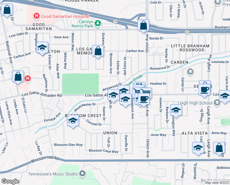map of restaurants, bars, coffee shops, grocery stores, and more near 2135 Los Gatos Almaden Road in San Jose
