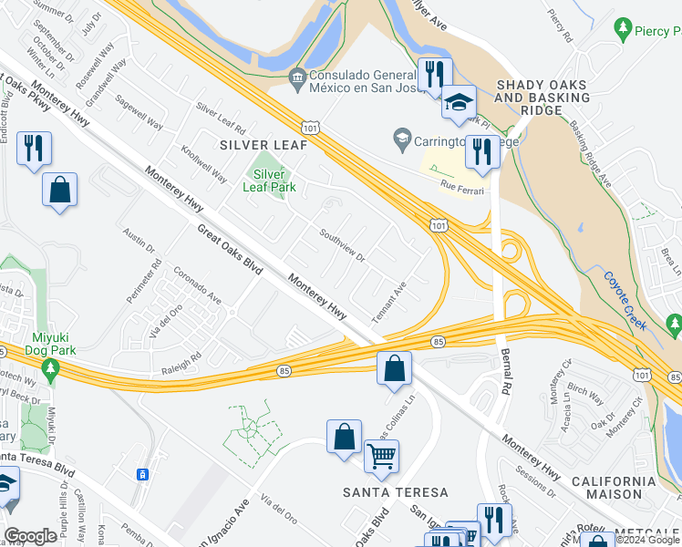 map of restaurants, bars, coffee shops, grocery stores, and more near 21 South Terrace Court in San Jose