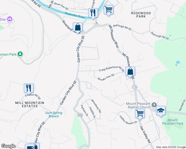 map of restaurants, bars, coffee shops, grocery stores, and more near 2512-2600 Kent Road Southeast in Roanoke