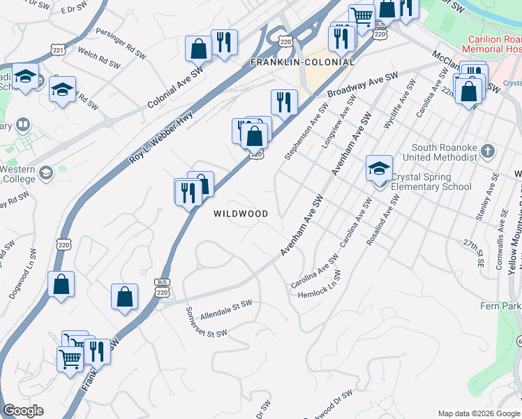 map of restaurants, bars, coffee shops, grocery stores, and more near 725 Wildwood Rd SW in Roanoke