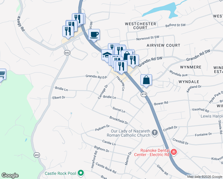 map of restaurants, bars, coffee shops, grocery stores, and more near 5138 Sorrel Ln in Roanoke