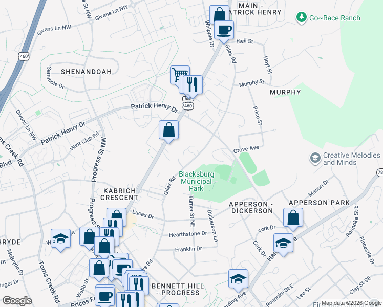 map of restaurants, bars, coffee shops, grocery stores, and more near 912-916 Giles Road in Blacksburg