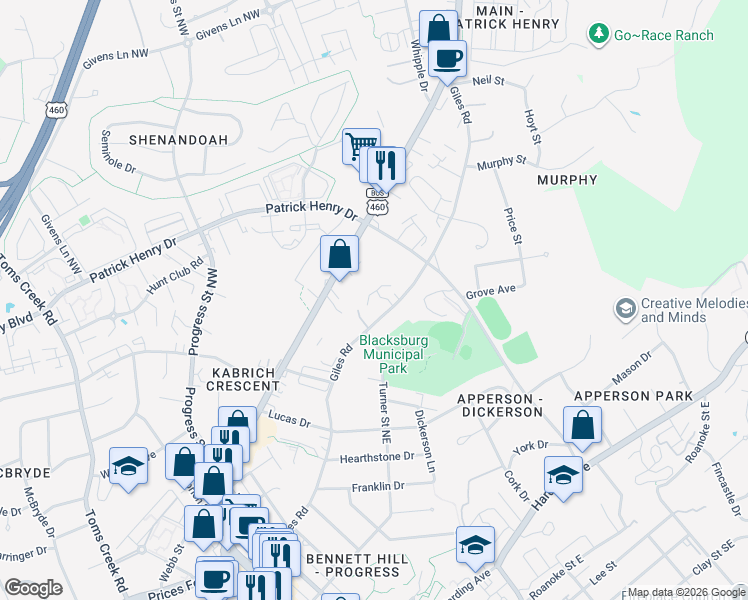 map of restaurants, bars, coffee shops, grocery stores, and more near 200 Heights Lane in Blacksburg