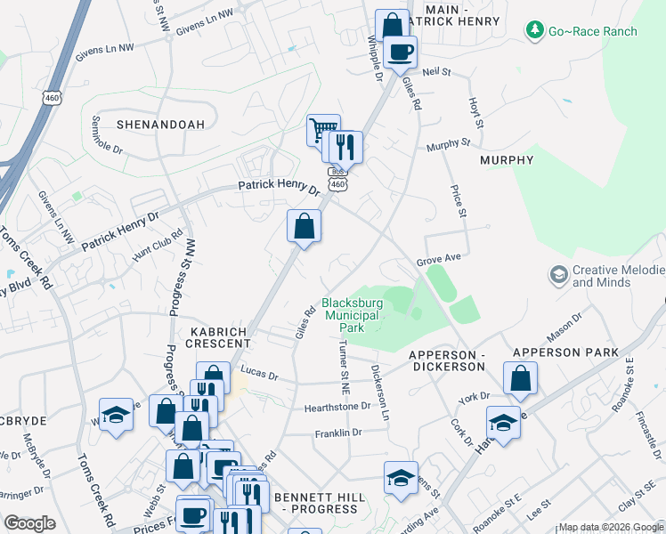 map of restaurants, bars, coffee shops, grocery stores, and more near 200 Heights Lane in Blacksburg