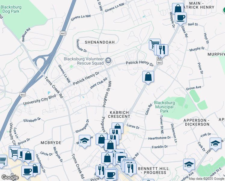 map of restaurants, bars, coffee shops, grocery stores, and more near 1204 University Terrace in Blacksburg