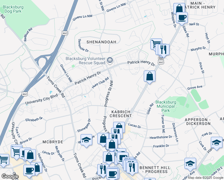 map of restaurants, bars, coffee shops, grocery stores, and more near 1204 University Terrace in Blacksburg