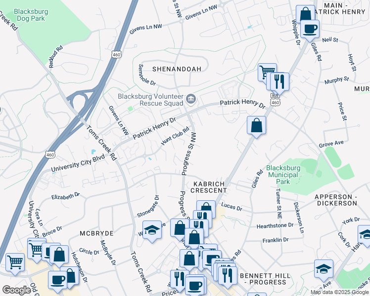 map of restaurants, bars, coffee shops, grocery stores, and more near 311 Hunt Club Road in Blacksburg
