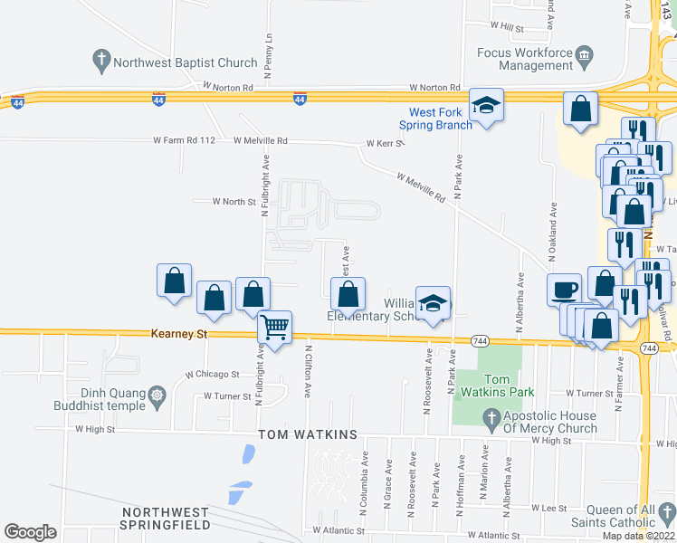 map of restaurants, bars, coffee shops, grocery stores, and more near 2537 NW Ave in Springfield