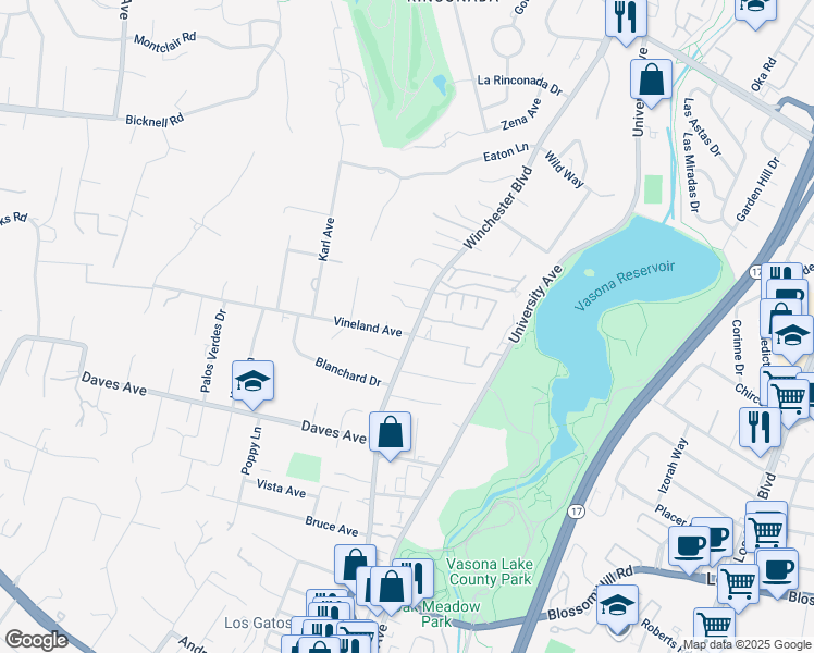 map of restaurants, bars, coffee shops, grocery stores, and more near 17501 Vineland Avenue in Monte Sereno