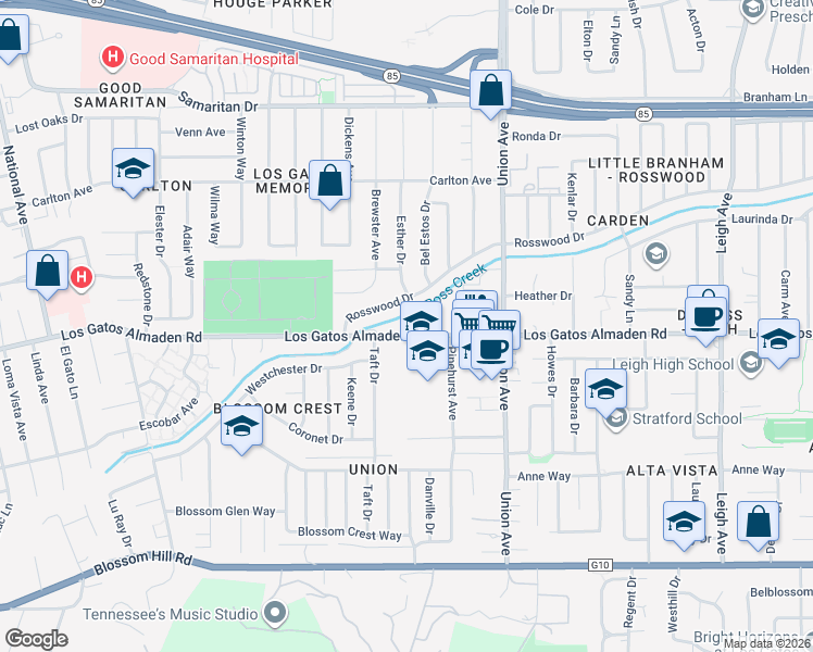 map of restaurants, bars, coffee shops, grocery stores, and more near 2109 Los Gatos Almaden Road in San Jose