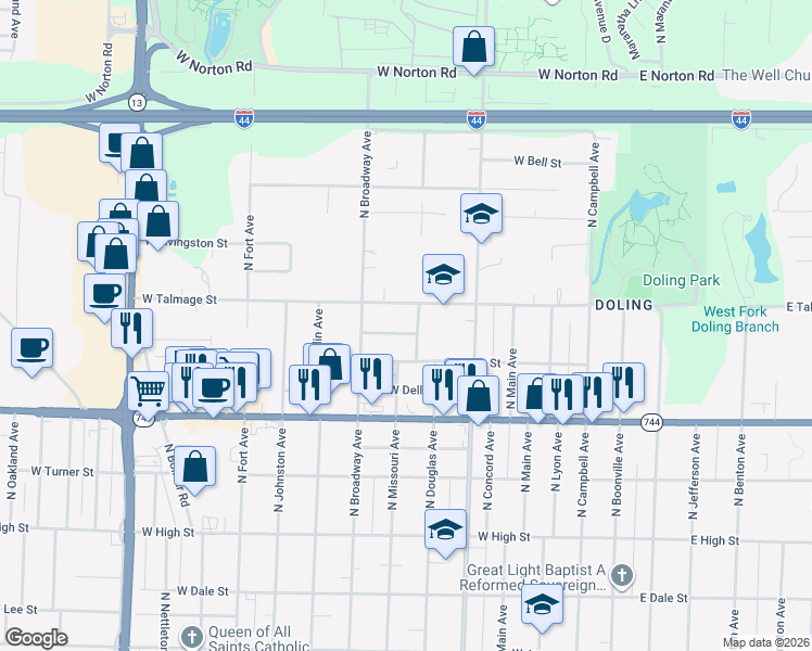 map of restaurants, bars, coffee shops, grocery stores, and more near 829 West Woodlawn Street in Springfield