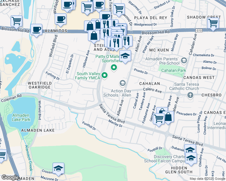 map of restaurants, bars, coffee shops, grocery stores, and more near 851 Villa Teresa Way in San Jose