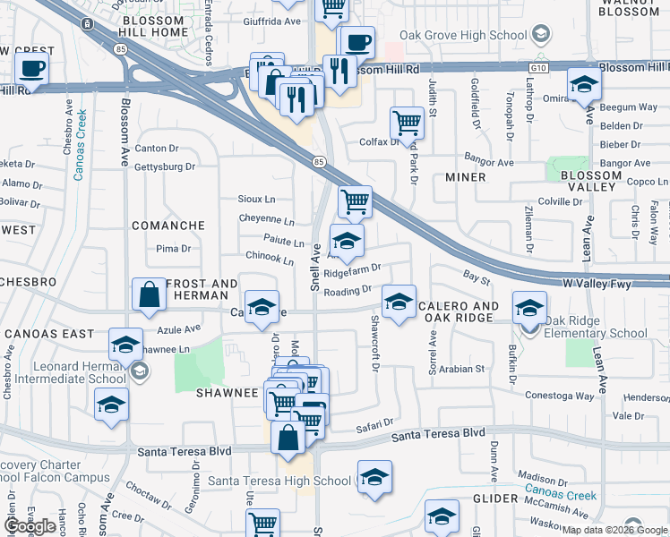 map of restaurants, bars, coffee shops, grocery stores, and more near 460 Ridgefarm Drive in San Jose