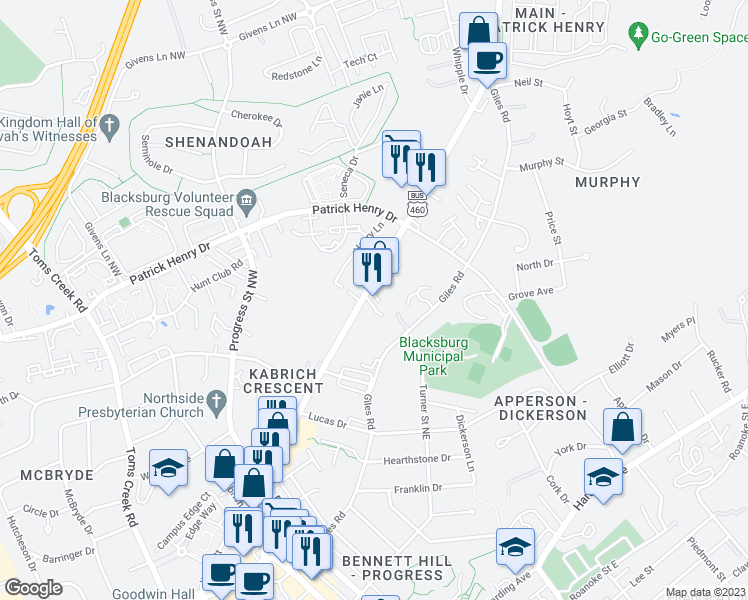 map of restaurants, bars, coffee shops, grocery stores, and more near 1282 North Main Street in Blacksburg