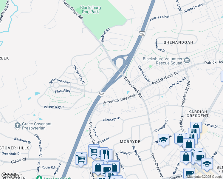 map of restaurants, bars, coffee shops, grocery stores, and more near 1309 Lynn Drive in Blacksburg