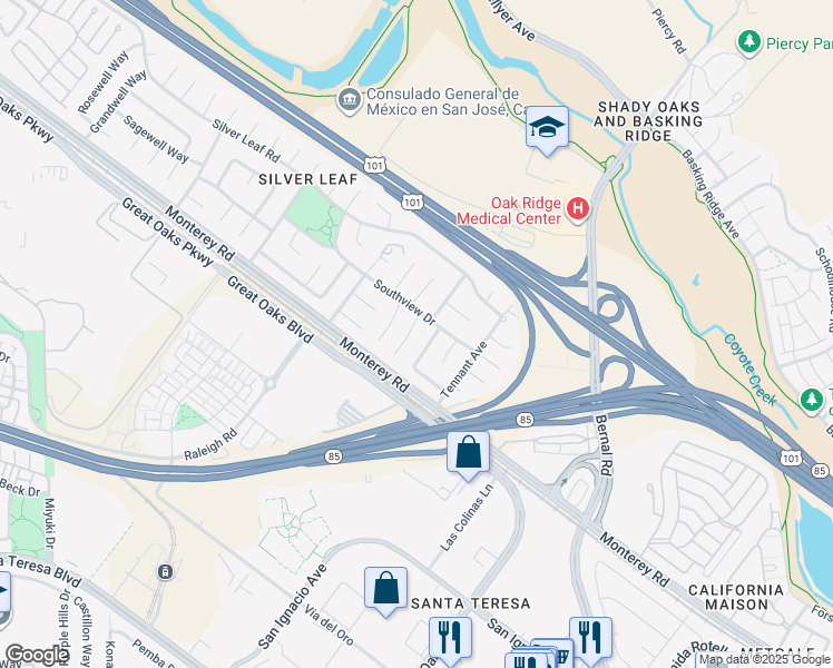 map of restaurants, bars, coffee shops, grocery stores, and more near 36 South Terrace Court in San Jose