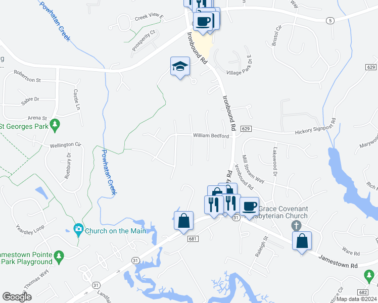 map of restaurants, bars, coffee shops, grocery stores, and more near 2906 South Richard Buck in Williamsburg