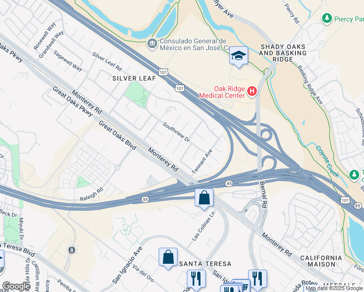 map of restaurants, bars, coffee shops, grocery stores, and more near 36 South Terrace Court in San Jose
