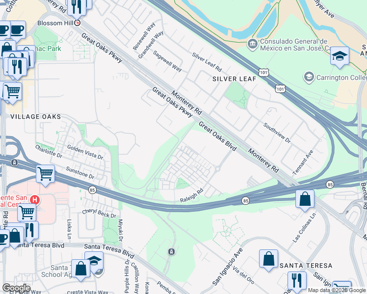 map of restaurants, bars, coffee shops, grocery stores, and more near 6820 Vector Court in San Jose