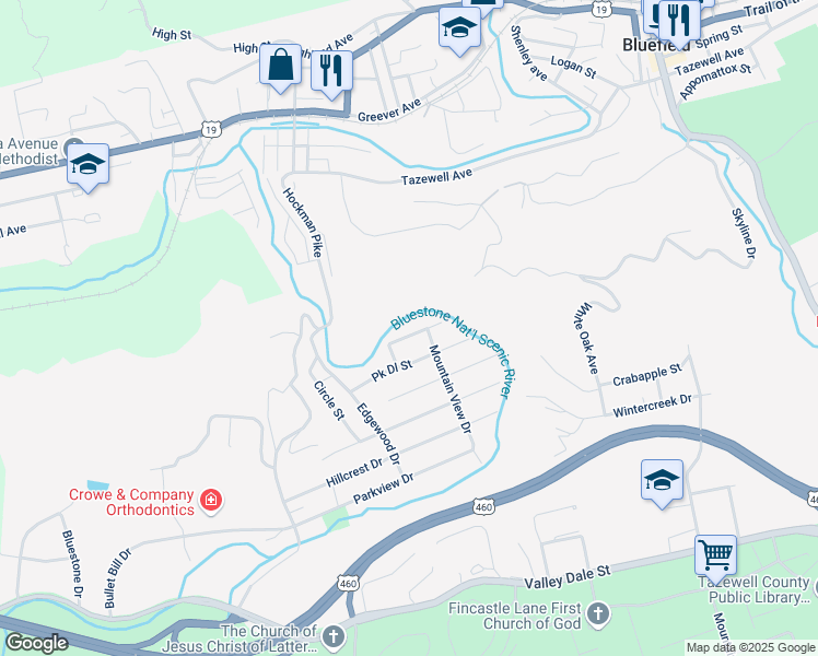 map of restaurants, bars, coffee shops, grocery stores, and more near 307 Riverview Drive in Bluefield