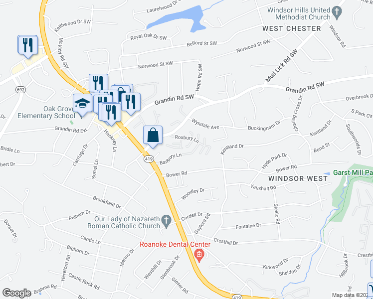 map of restaurants, bars, coffee shops, grocery stores, and more near 4480 Banbury Lane in Cave Spring