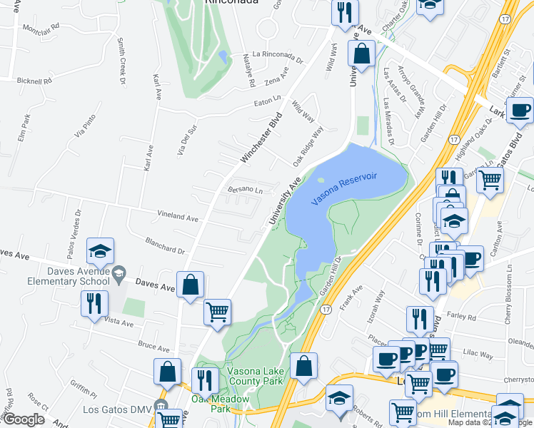 map of restaurants, bars, coffee shops, grocery stores, and more near 123 Vasona Oaks Drive in Los Gatos
