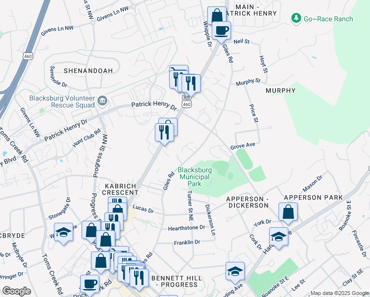 map of restaurants, bars, coffee shops, grocery stores, and more near 208 Heights Lane in Blacksburg