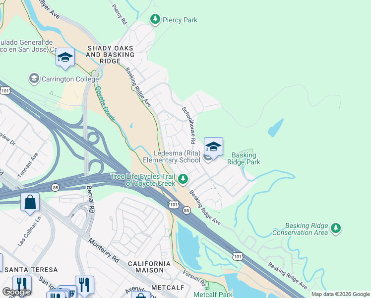 map of restaurants, bars, coffee shops, grocery stores, and more near 915 Brea Lane in San Jose