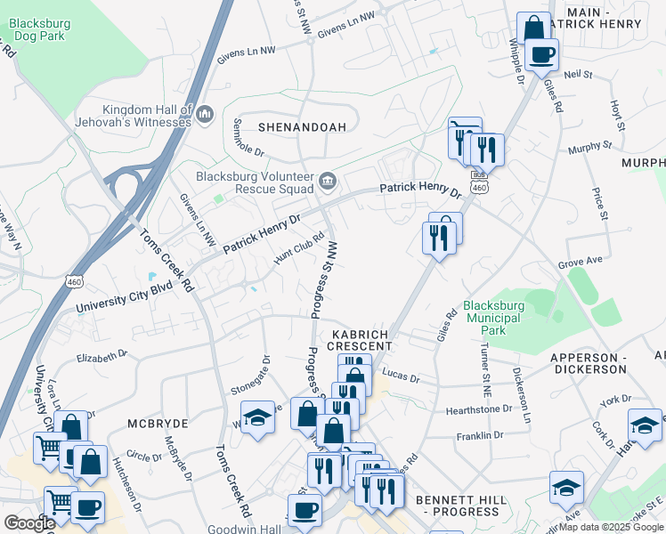 map of restaurants, bars, coffee shops, grocery stores, and more near 1203 University Terrace in Blacksburg