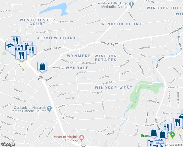 map of restaurants, bars, coffee shops, grocery stores, and more near 3814 Kentland Drive in Roanoke