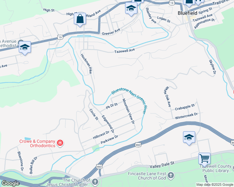 map of restaurants, bars, coffee shops, grocery stores, and more near 307 Riverview Drive in Bluefield