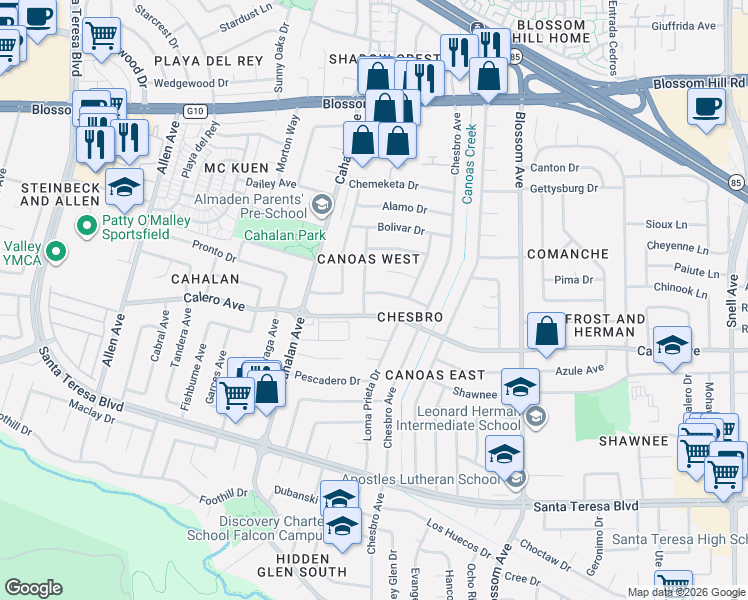 map of restaurants, bars, coffee shops, grocery stores, and more near 764 El Sombroso Drive in San Jose