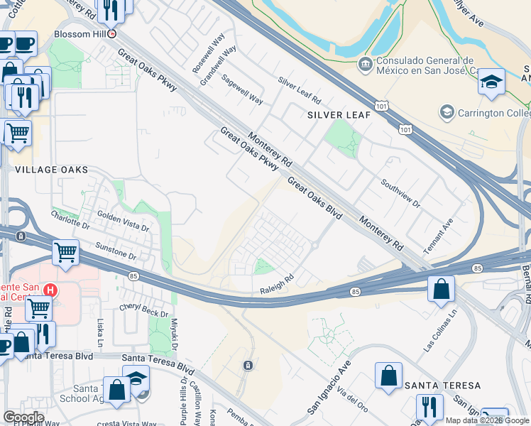 map of restaurants, bars, coffee shops, grocery stores, and more near 6820 Vector Court in San Jose