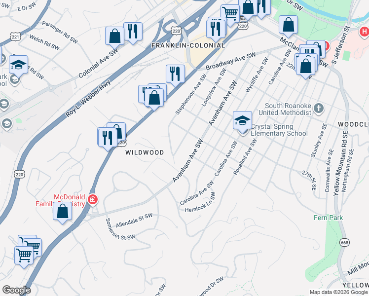 map of restaurants, bars, coffee shops, grocery stores, and more near 2840 Longview Avenue Southwest in Roanoke