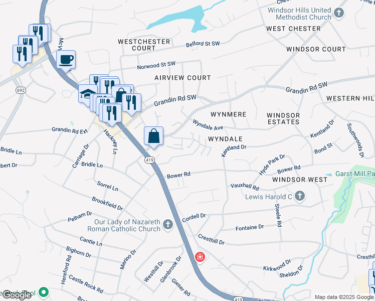 map of restaurants, bars, coffee shops, grocery stores, and more near 4480 Banbury Lane in Cave Spring