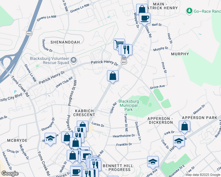 map of restaurants, bars, coffee shops, grocery stores, and more near 1282 N Main St in Blacksburg