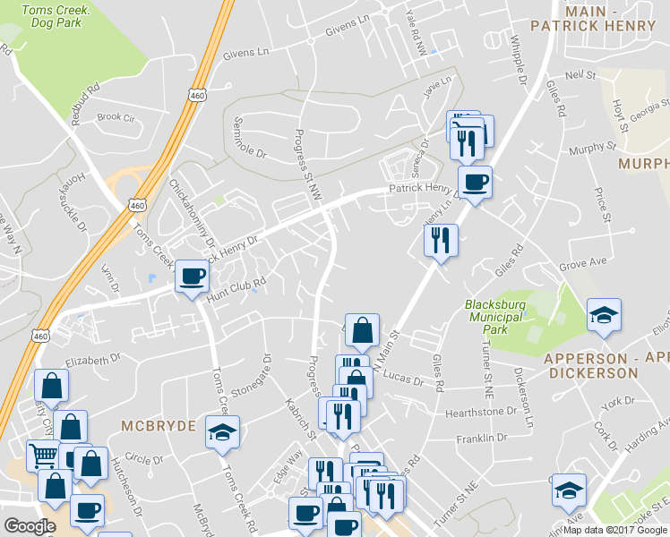 map of restaurants, bars, coffee shops, grocery stores, and more near 1204 University Terrace in Blacksburg