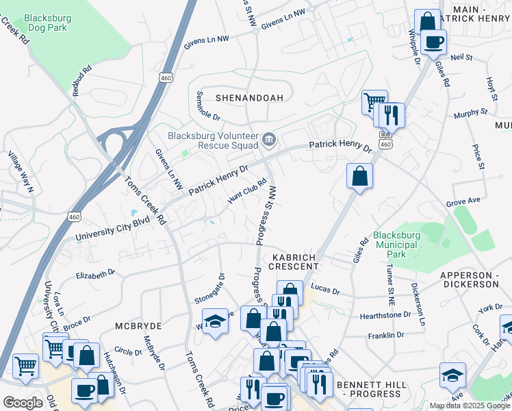 map of restaurants, bars, coffee shops, grocery stores, and more near 311 Hunt Club Road in Blacksburg