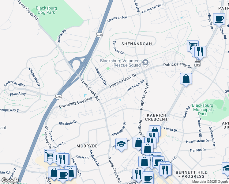 map of restaurants, bars, coffee shops, grocery stores, and more near 412 Hunt Club Road in Blacksburg