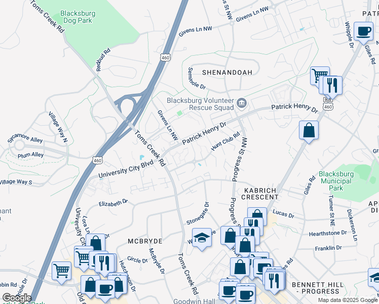 map of restaurants, bars, coffee shops, grocery stores, and more near 412 Hunt Club Road in Blacksburg