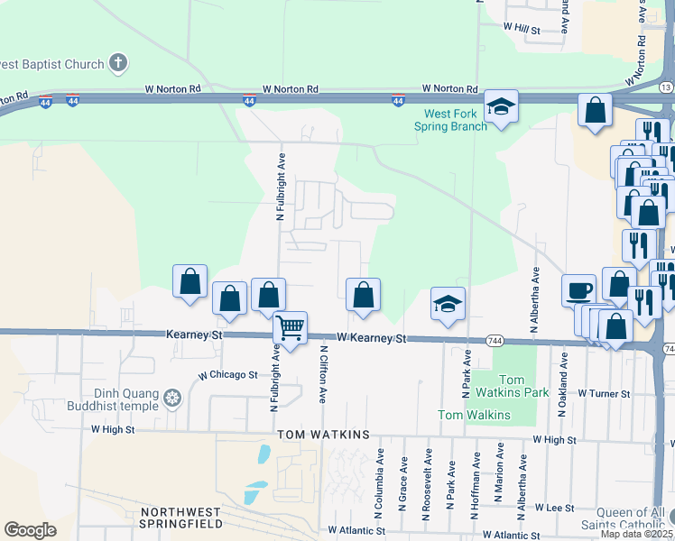 map of restaurants, bars, coffee shops, grocery stores, and more near 2615 W Jean St in Springfield
