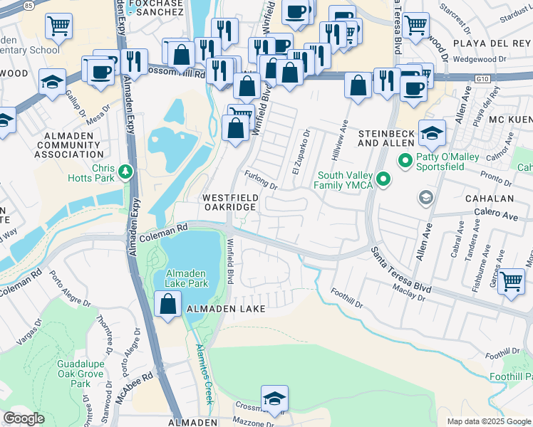 map of restaurants, bars, coffee shops, grocery stores, and more near 865 Windsor Hills Circle in San Jose