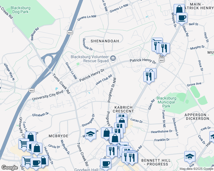map of restaurants, bars, coffee shops, grocery stores, and more near 311 Hunt Club Road in Blacksburg