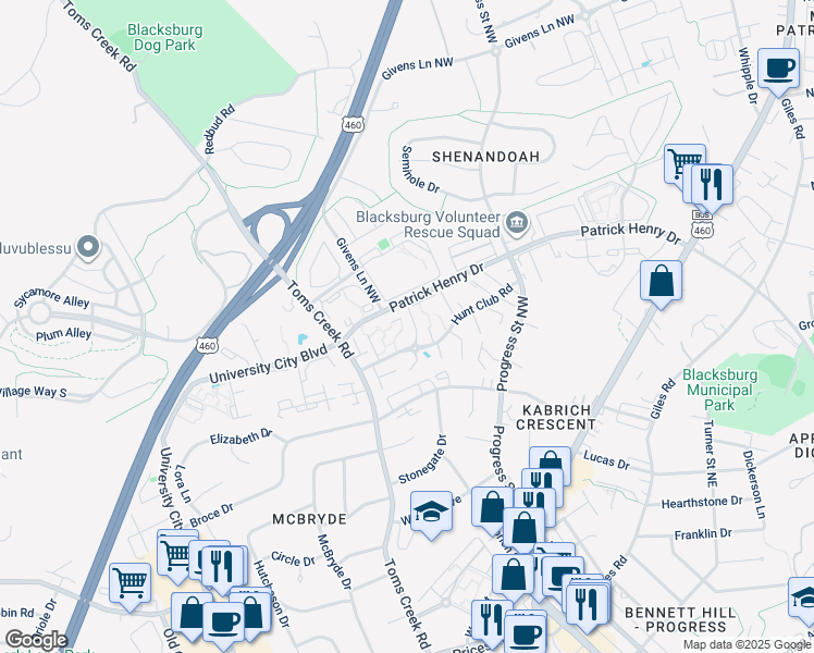 map of restaurants, bars, coffee shops, grocery stores, and more near 1201 Snyder Lane in Blacksburg