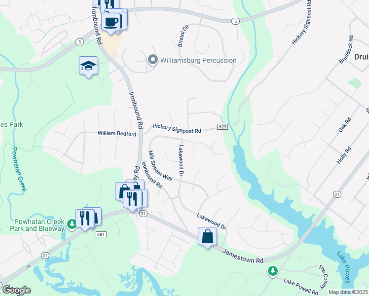 map of restaurants, bars, coffee shops, grocery stores, and more near 206 Lakewood Drive in Williamsburg