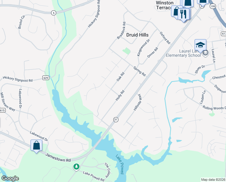 map of restaurants, bars, coffee shops, grocery stores, and more near Perry Road in James City County