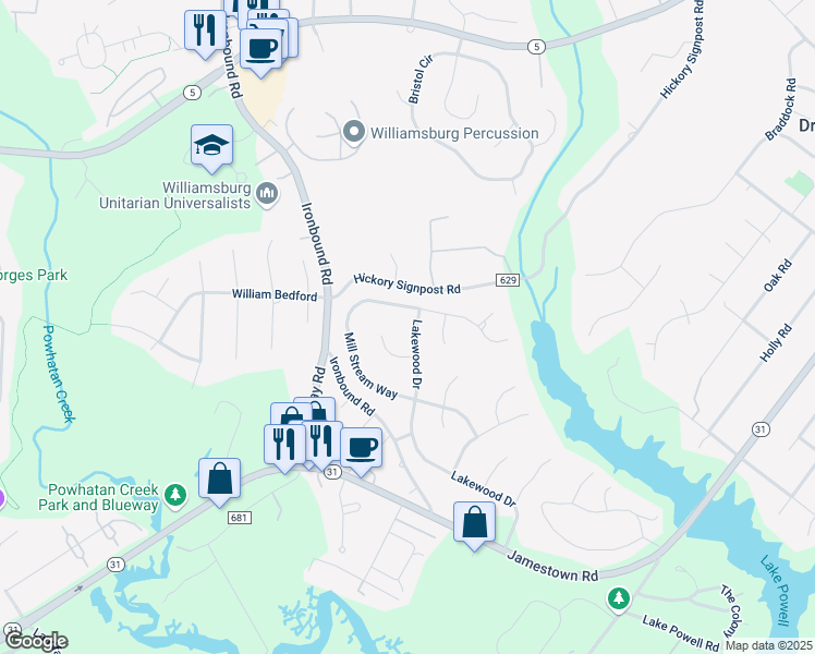 map of restaurants, bars, coffee shops, grocery stores, and more near 202 Lakewood Drive in Williamsburg