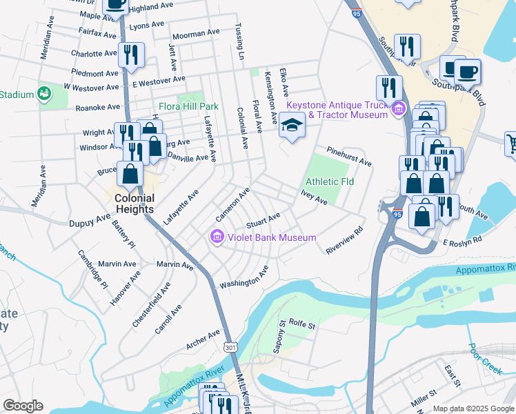 map of restaurants, bars, coffee shops, grocery stores, and more near 410 Washington Avenue in Colonial Heights