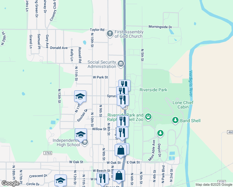 map of restaurants, bars, coffee shops, grocery stores, and more near 127-199 Spruce Street in Independence